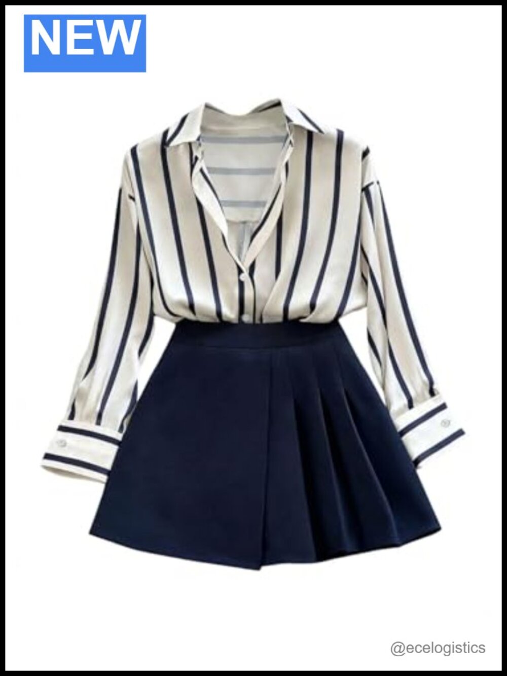 Women's 2 Piece Stripe Top Pleated Skirt Set Business Casual Outfit Long Sleeve